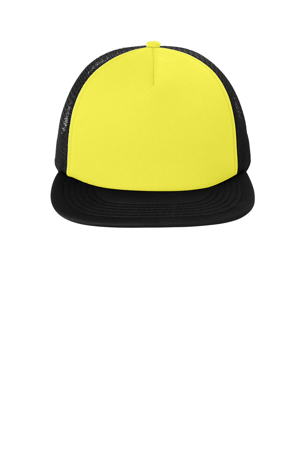 Print-View District® flat bill snapback trucker cap in vibrant neon yellow with a straight brim and mesh back design.