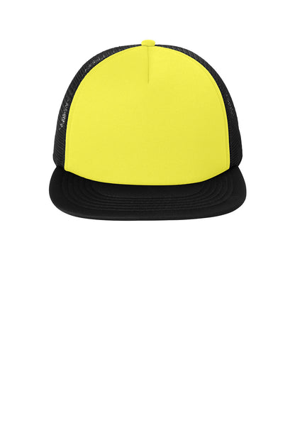 Print-View District® flat bill snapback trucker cap in vibrant neon yellow with a straight brim and mesh back design.