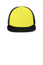 Print-View District® flat bill snapback trucker cap in vibrant neon yellow with a straight brim and mesh back design.