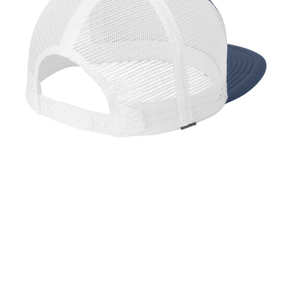 Print-View District® flat bill snapback trucker cap in navy blue, featuring a structured front and adjustable snapback closure.