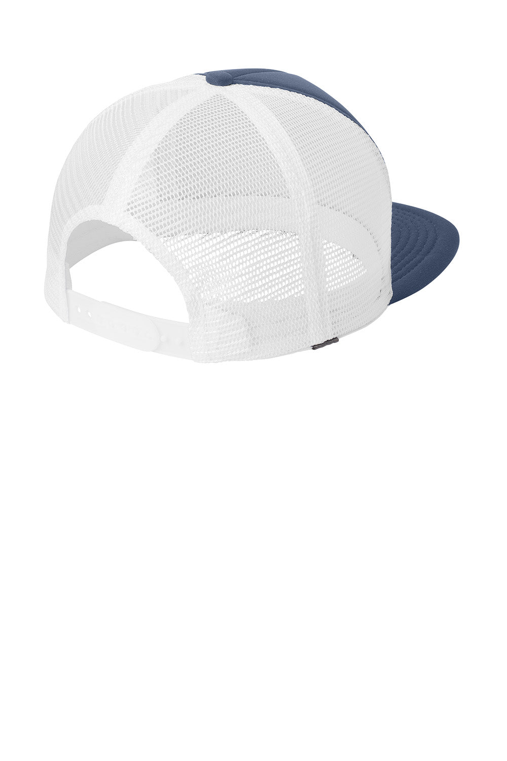 Print-View District® flat bill snapback trucker cap in navy with a flat back design, adjustable snap closure, and mesh panels.