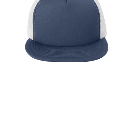 Print-View District® flat bill snapback trucker cap in navy with a flat front, adjustable snapback, and mesh back design.