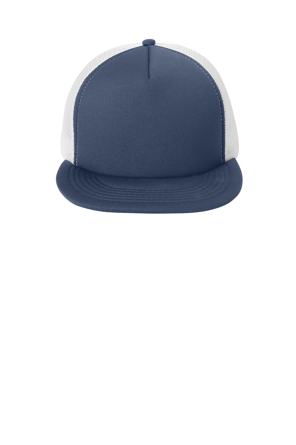 Print-View District® flat bill snapback trucker cap in navy with a flat front, adjustable snapback closure, and structured crown.