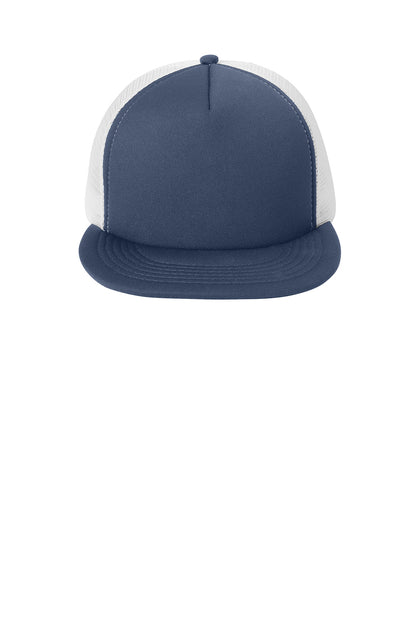 Print-View District® flat bill snapback trucker cap in navy with a flat front, adjustable snapback closure, and structured crown.