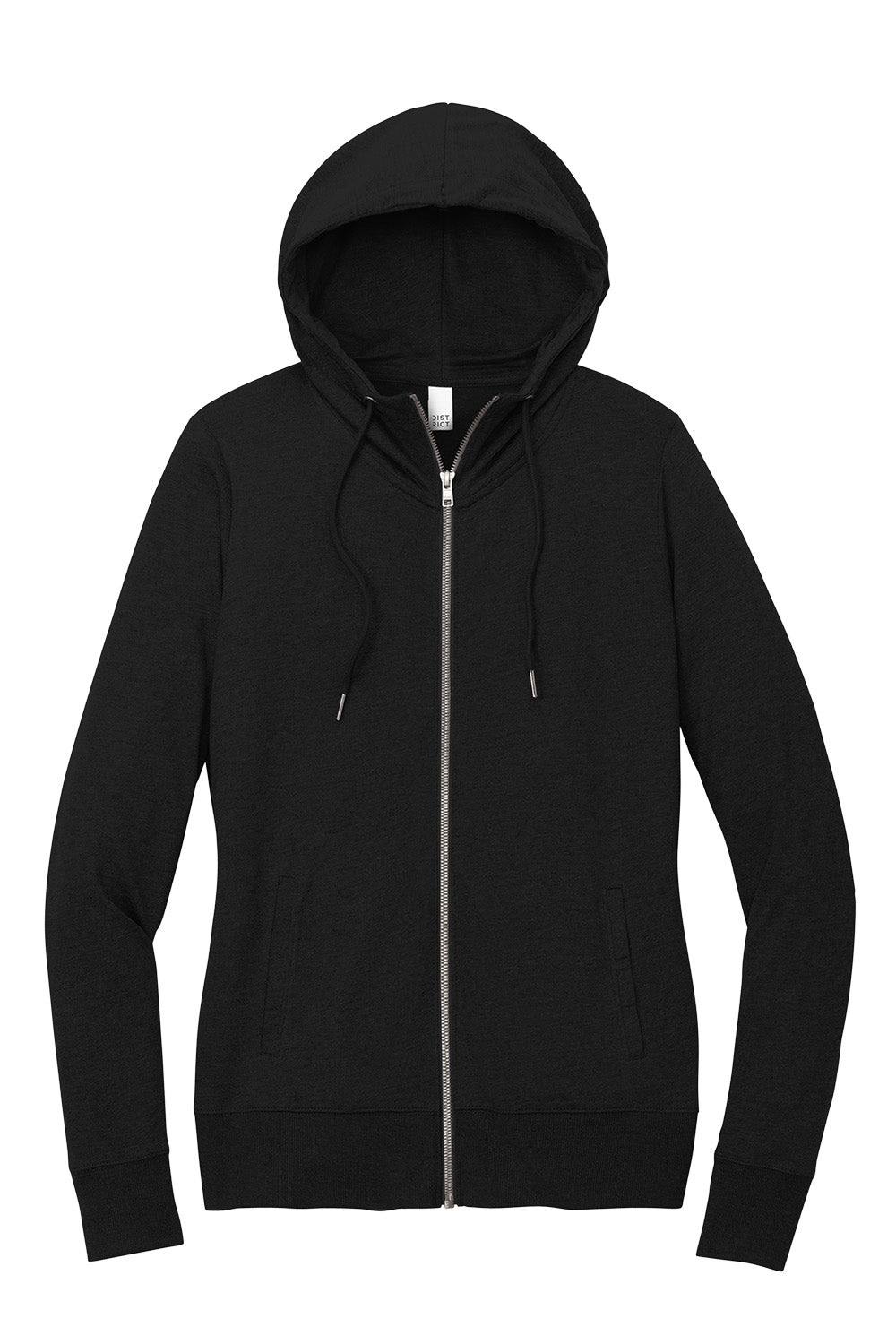 Black District® Women’s Featherweight French Terry™ full-zip hoodie with front zipper and hood, shown flat from the front.