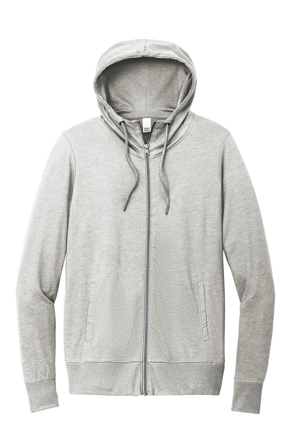 Light heather gray District® women’s Featherweight French Terry™ full-zip hoodie with front zipper and casual fit, flat front view.