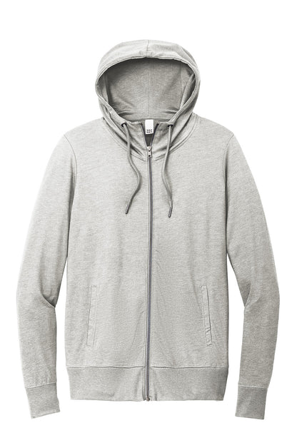 Light heather gray District® women’s Featherweight French Terry™ full-zip hoodie with front zipper and casual fit, flat front view.