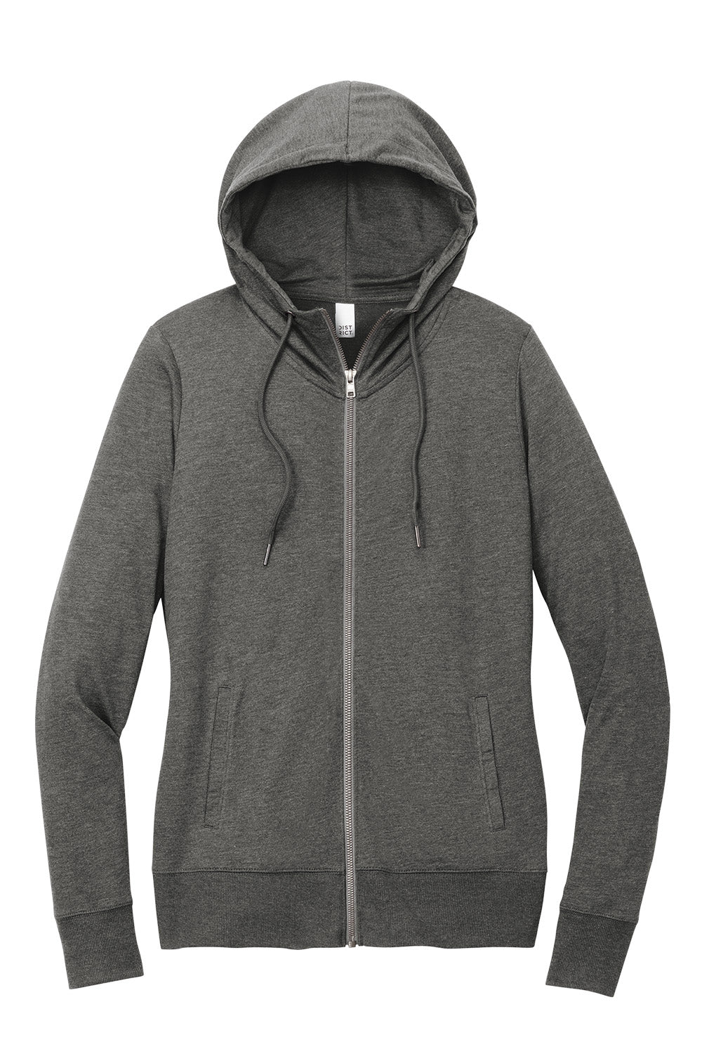 District Women’s Featherweight French Terry full-zip hoodie by Print-View, shown in washed coal color, front view.