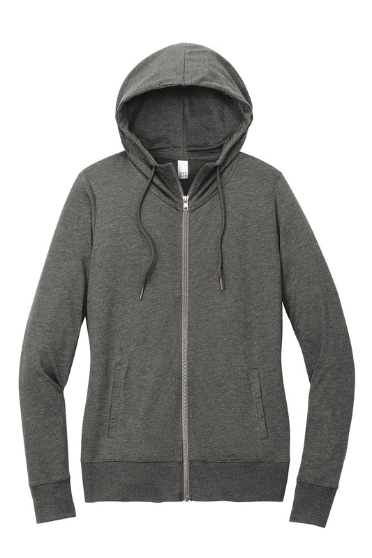 District Women’s Featherweight French Terry full-zip hoodie by Print-View, shown in washed coal color, front view.