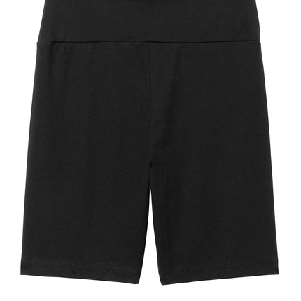 Black District® women’s Flex high-waist bike shorts with a flat back design, made by Print-View, shown from the rear view.