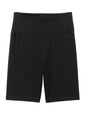 Black District® women’s Flex high-waist bike short shown flat back view, made by Print-View, designed for comfort and flexibility.