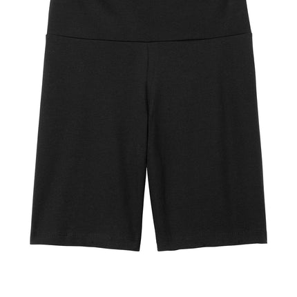 Black women's high-waist bike shorts by District® with a flat front design, made by Print-View.