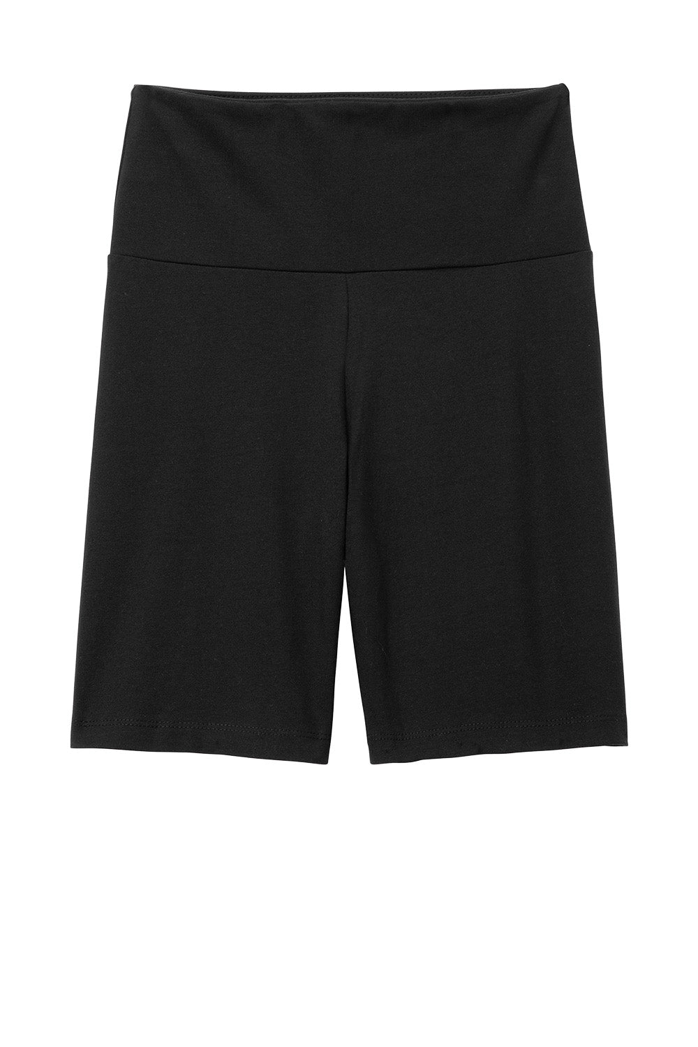 Black District® women’s Flex high-waist bike short laid flat, showcasing stretchy fabric and sleek fit for active wear.