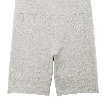 Light heather grey District® women’s Flex high-waist bike short laid flat, showing smooth, stretchy fabric and high-rise waistband.