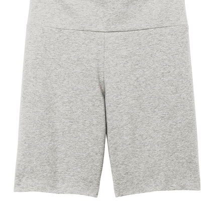 Light heather grey District® women’s Flex high-waist bike short with flat front, designed for comfort and active wear.