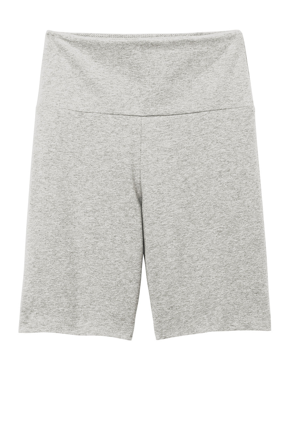 Light heather grey District® women’s Flex high-waist bike short with flat front, designed for comfort and active wear.