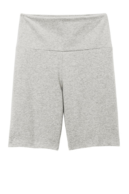 Light heather grey District® women’s Flex high-waist bike short with flat front, designed for comfort and active wear.