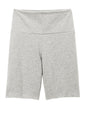 Light heather grey District® women’s Flex high-waist bike short with flat front, designed for comfort and active wear.