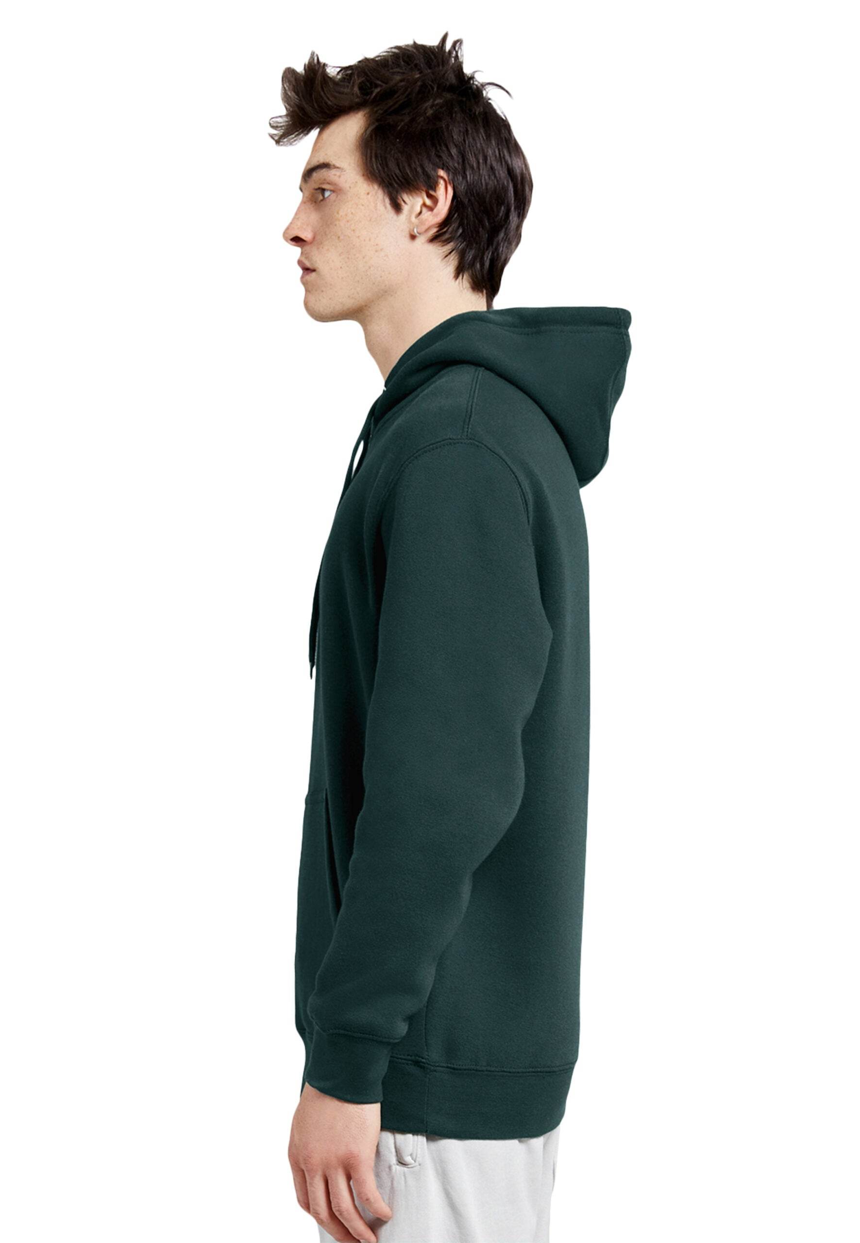 Dark green Lane 7 unisex plain hoodie with front print view, showcasing a comfortable pullover design in soft fabric.