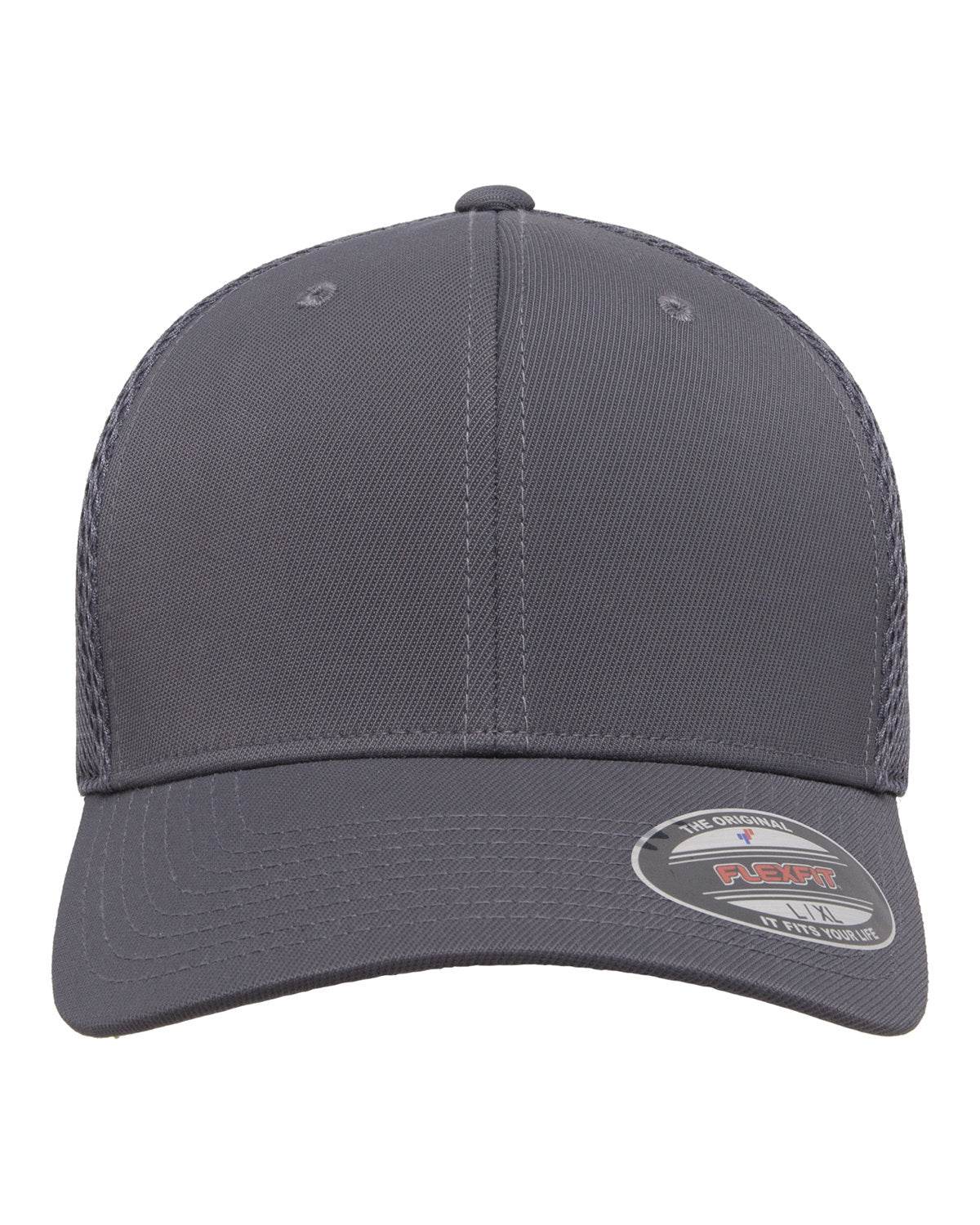 Dark grey fitted mesh cap by Print-View with printed design, made from breathable fabric, adjustable fit, stylish and comfortable.