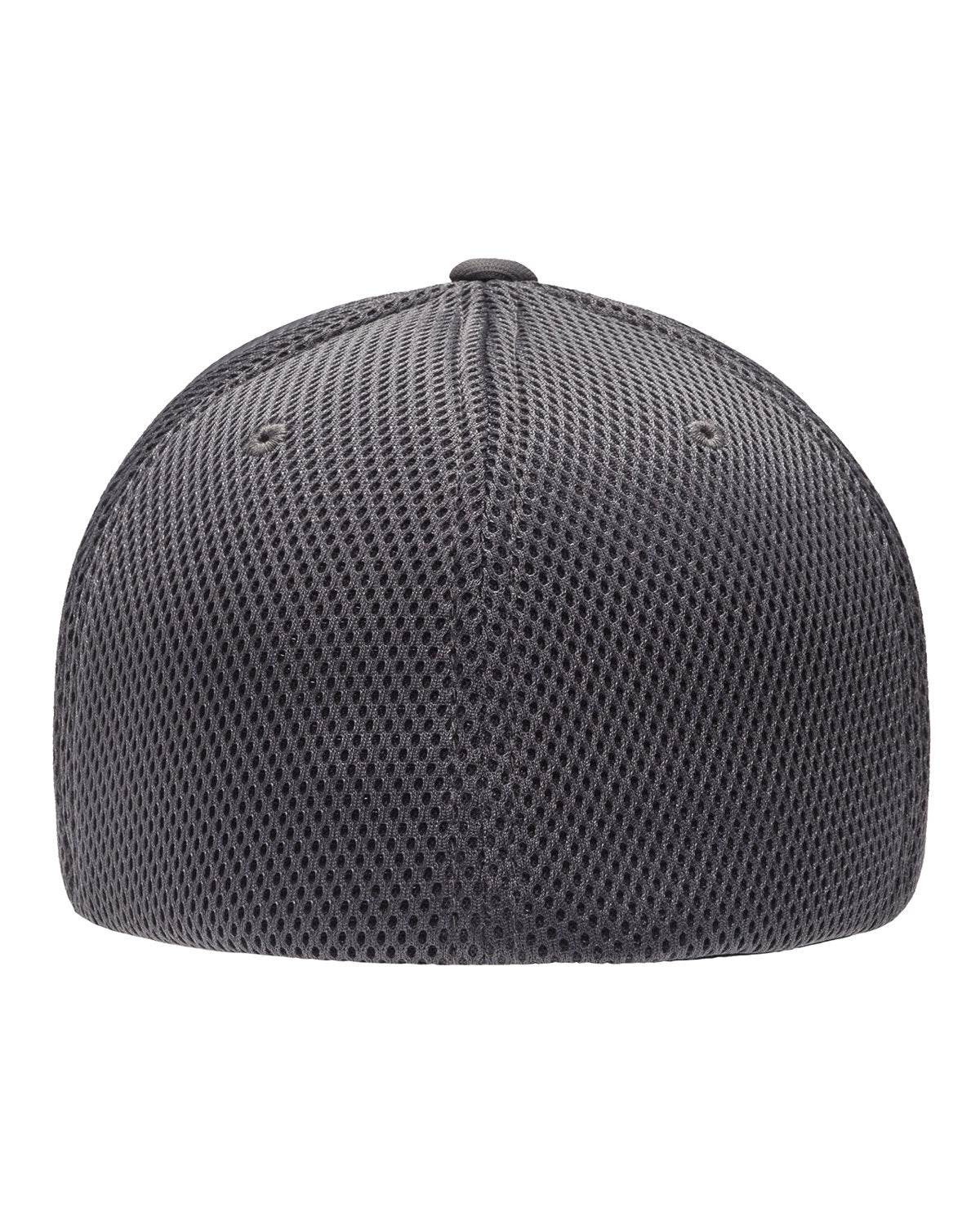Dark grey fitted mesh cap by Print-View with printed design, showcasing the back view of the stylish, customizable fitted hat.