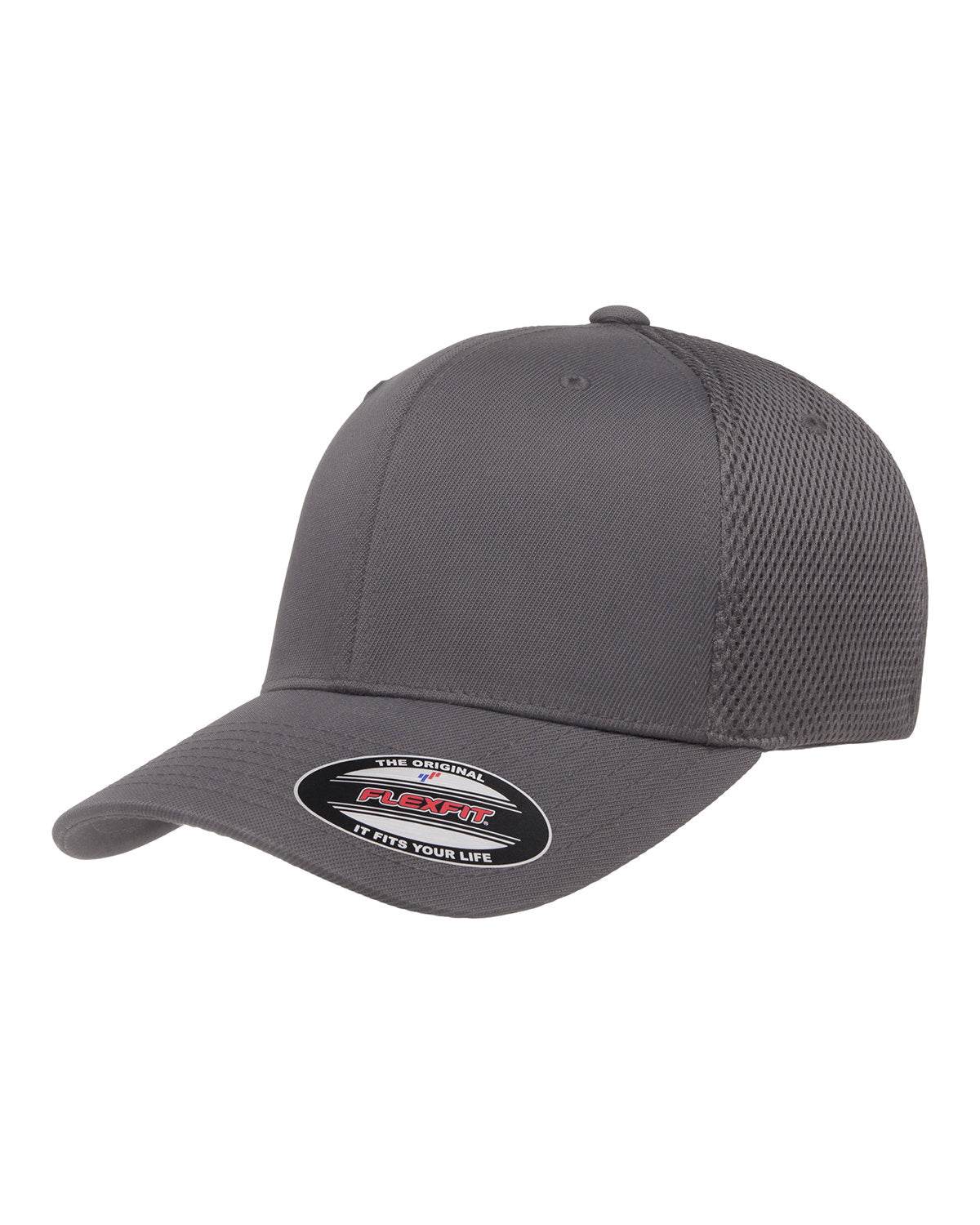 Dark grey fitted mesh cap by Print-View with printed design, viewed from the left side, showcasing its stylish and comfortable fit.