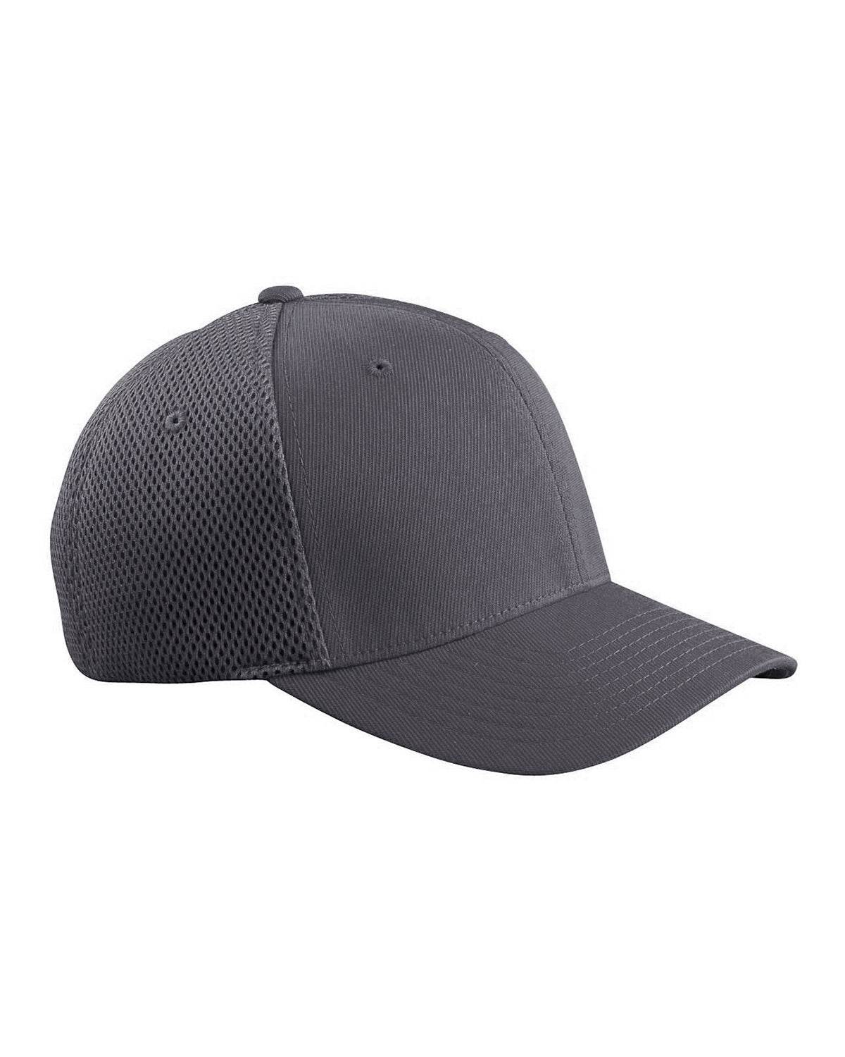 Dark grey fitted mesh cap by Print-View, showcasing a stylish print design on the right side. Perfect for customizing or plain wear.
