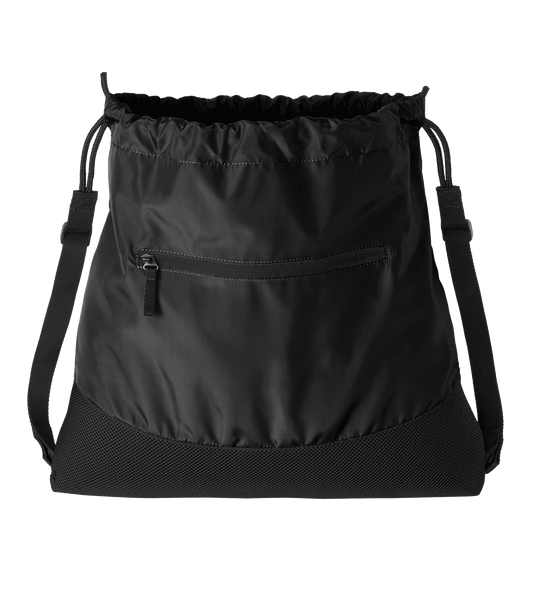Black Port Authority drawstring bag with front print view, showcasing adjustable drawstrings and casual tote style.