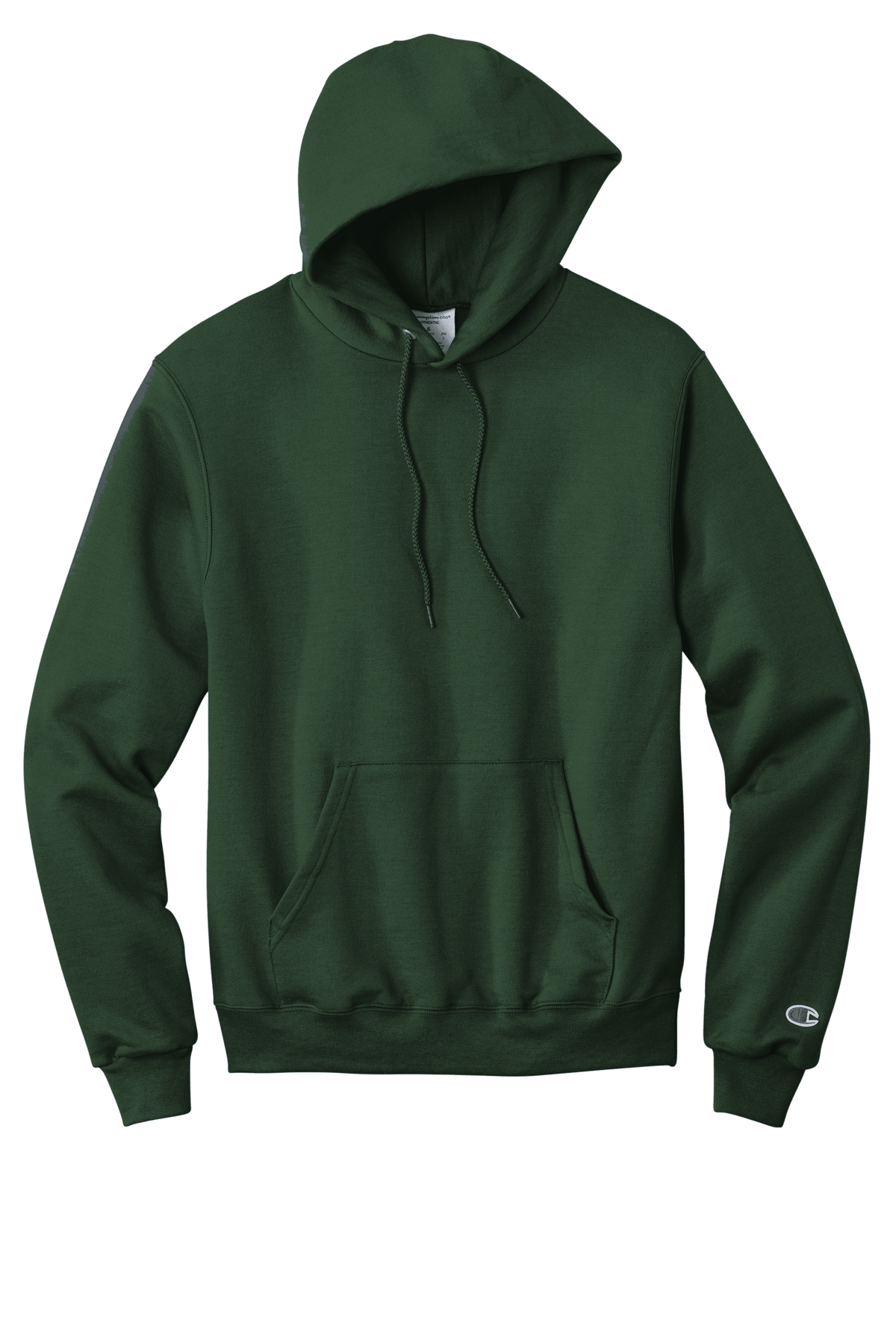 Forest green Champion Powerblend hoodie with custom logo print, soft fleece interior, classic fit, perfect for casual wear.
