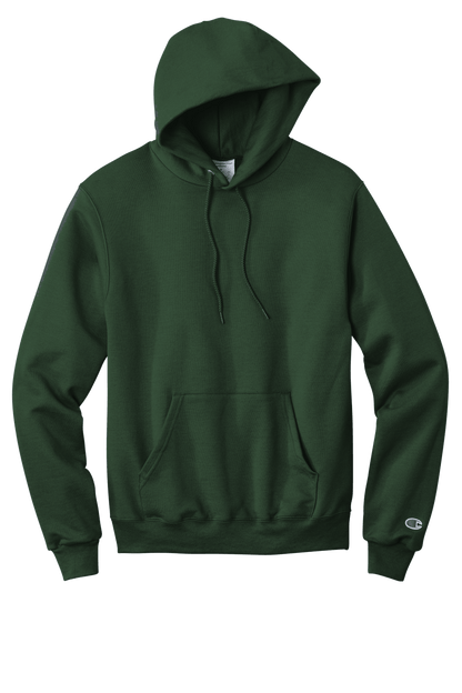 Forest green Champion Powerblend hoodie with custom logo print, soft fleece interior, classic fit, perfect for casual wear.