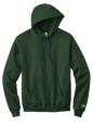 Forest green Champion Powerblend hoodie with custom logo print, soft fleece interior, classic fit, perfect for casual wear.