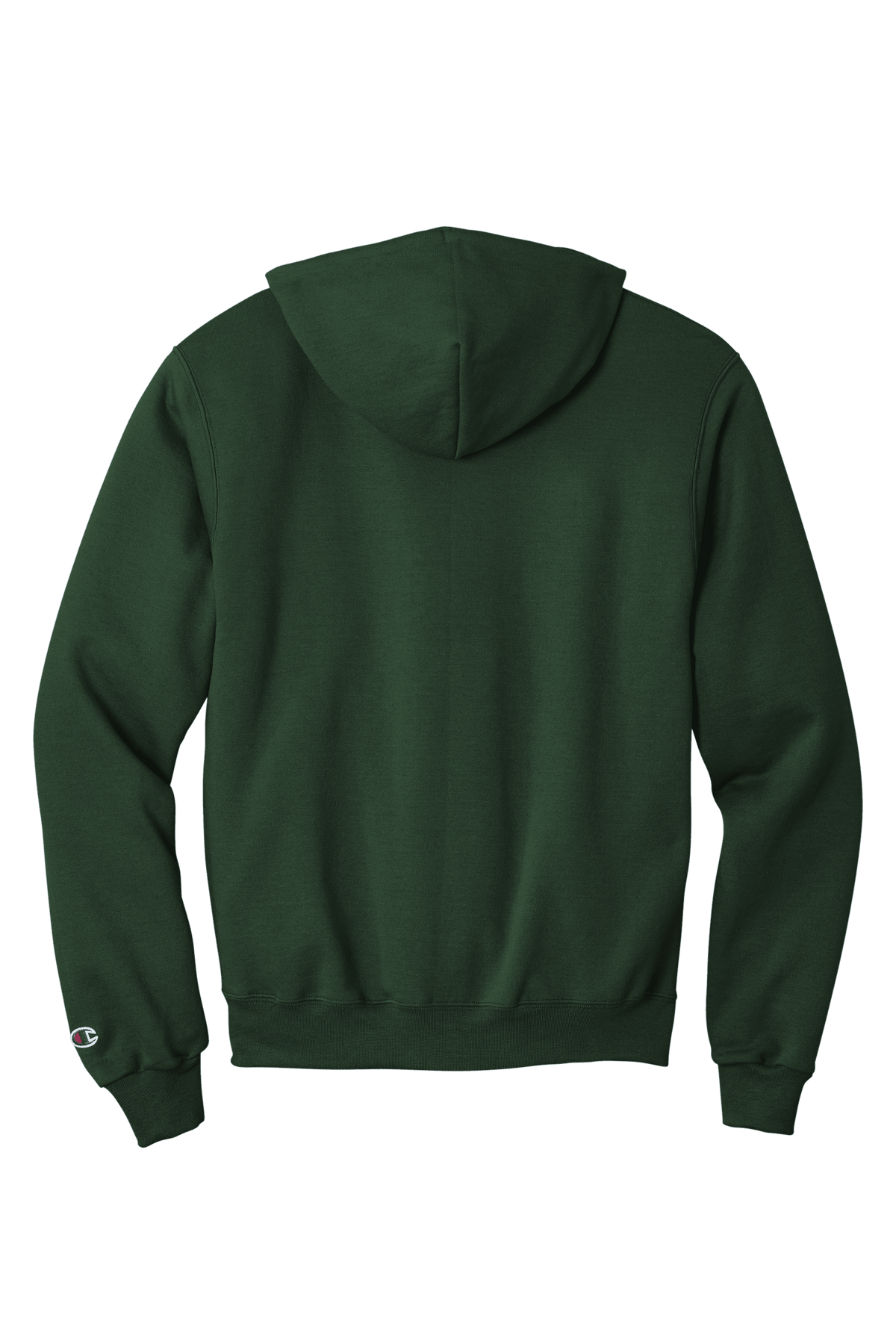 Forest green Champion Powerblend hoodie with soft fleece, classic fit, and custom logo print on the back.