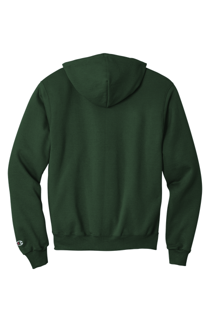 Forest green Champion Powerblend hoodie with soft fleece, classic fit, and custom logo print on the back.