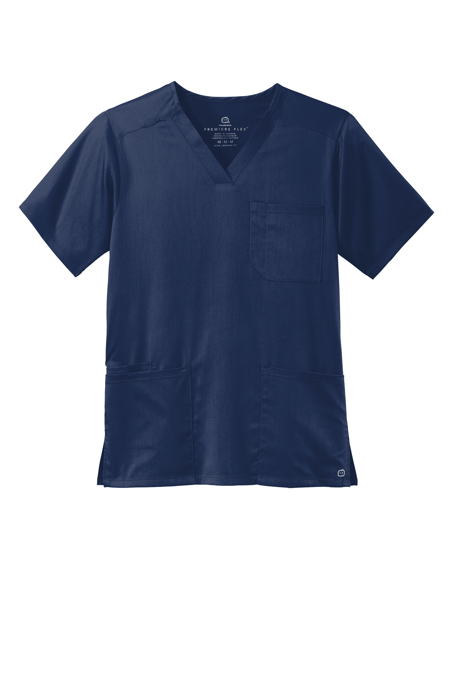 Men's Wink Premiere Flex V-neck scrub top in navy, front view showing comfortable fit and professional medical style.