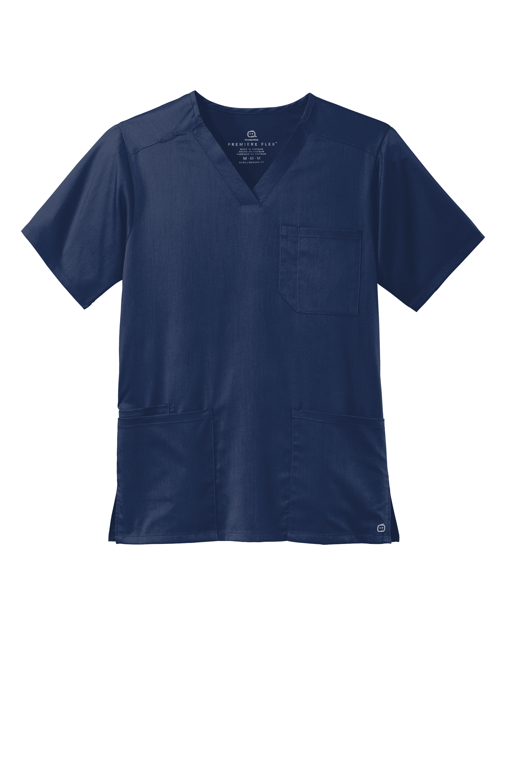 Men's Wink Premiere Flex V-neck scrub top in navy, front view showing comfortable fit and professional medical style.