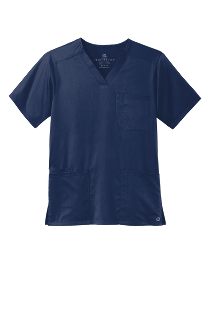 Men's Wink Premiere Flex V-neck scrub top in navy, front view showing comfortable fit and professional medical style.