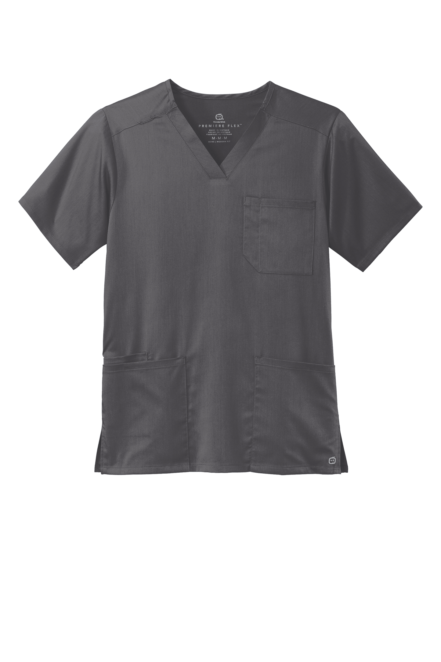 Men's Wink Premiere Flex V-Neck Scrub Top in Pewter Grey, front view showing comfortable fit and print details.