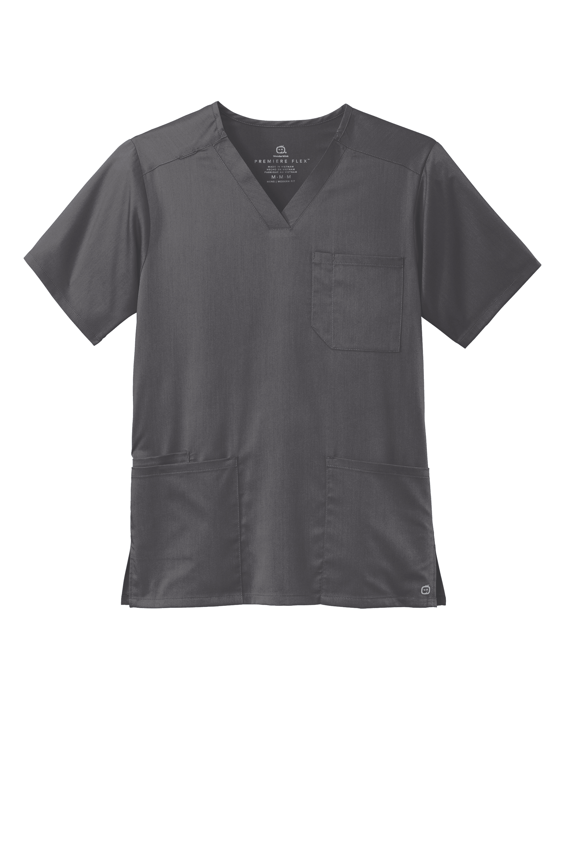 Men's Wink Premiere Flex V-Neck Scrub Top in Pewter Grey, front view showing comfortable fit and print details.