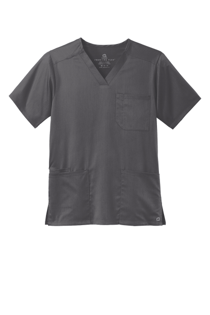 Men's Wink Premiere Flex V-Neck Scrub Top in Pewter Grey, front view showing comfortable fit and print details.