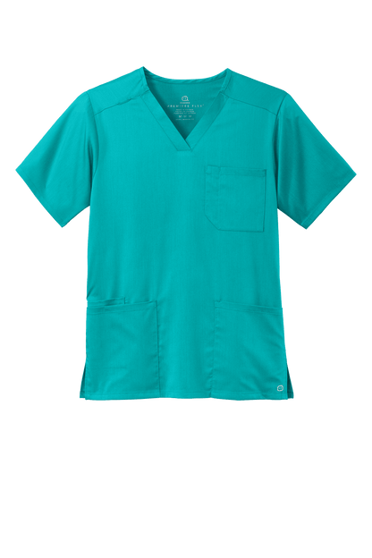 Men's Wink Premiere Flex V-neck scrub top in teal, front view showing the stylish print and comfortable fit.
