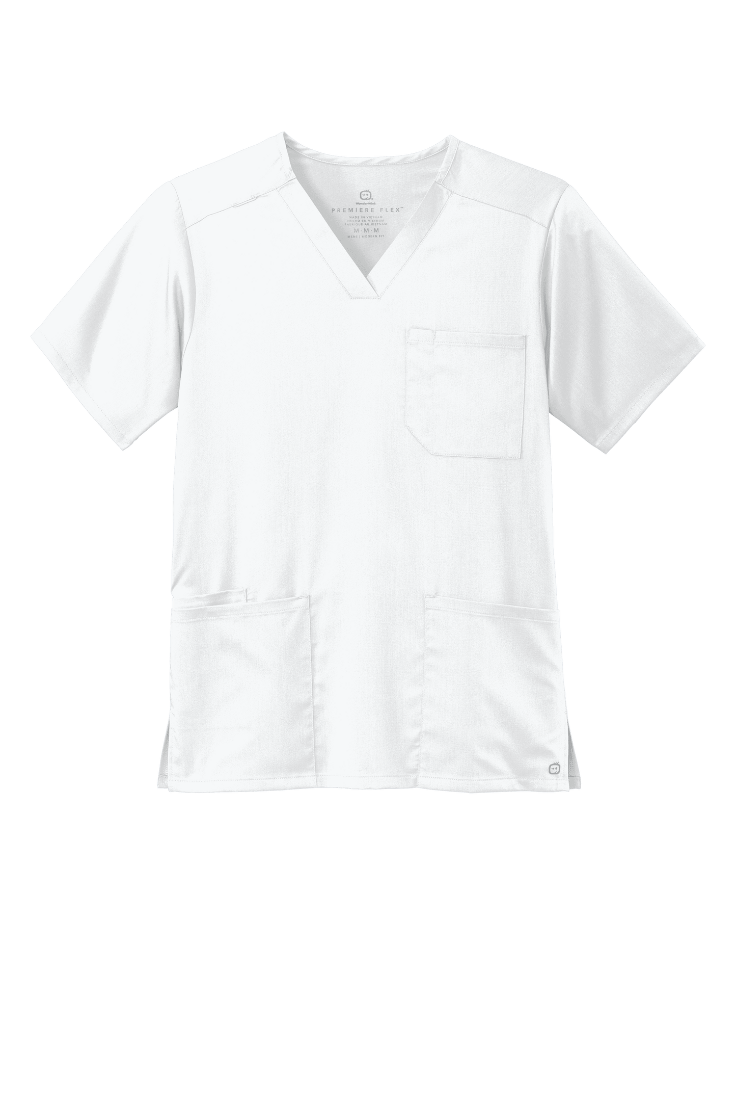 Front view of Wink Men's Premiere Flex V-Neck Scrub Top in white, featuring a comfortable fit and clean design for medical professionals.