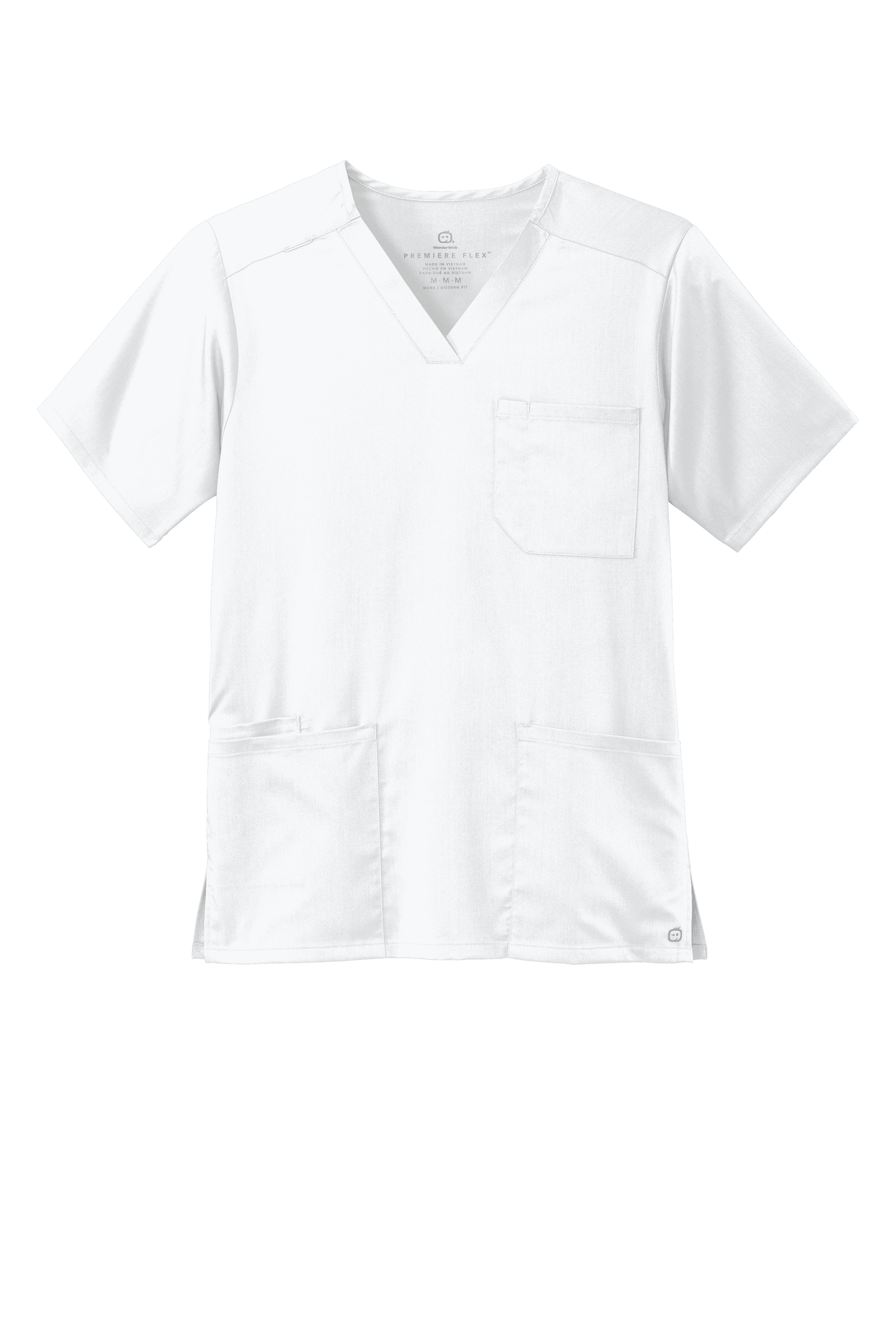 Front view of Wink Men's Premiere Flex V-Neck Scrub Top in white, featuring a comfortable fit and clean design for medical professionals.