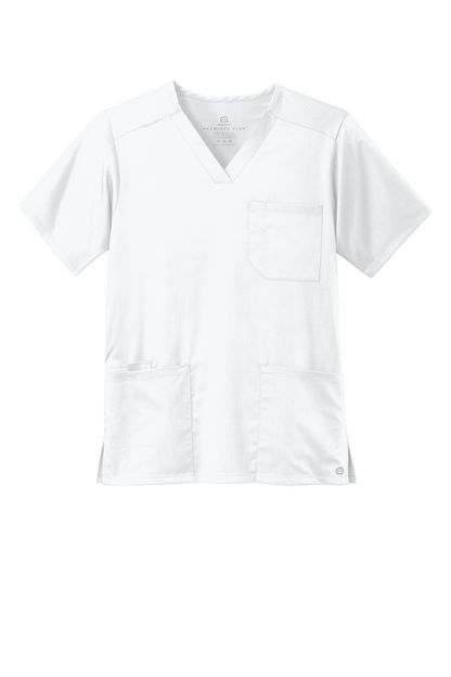 Front view of Wink Men's Premiere Flex V-Neck Scrub Top in white, featuring a comfortable fit and clean design for medical professionals.