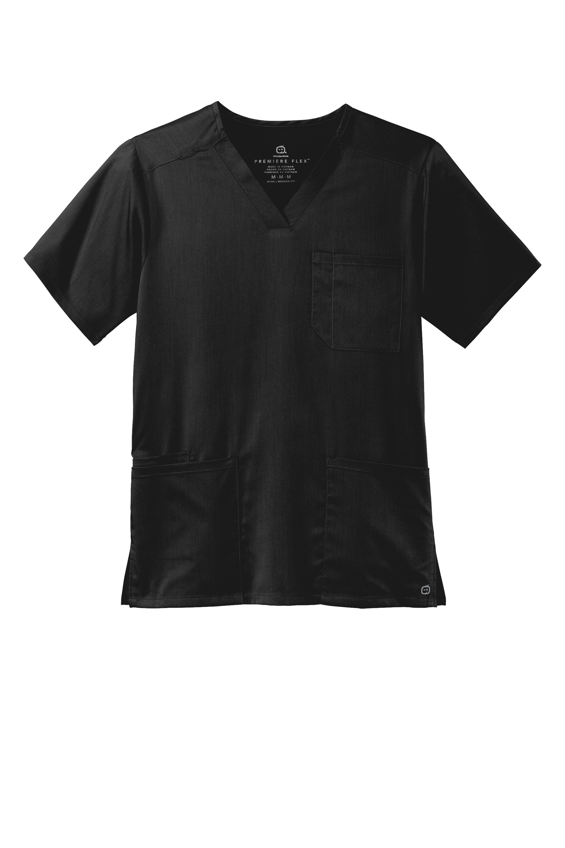 Men's Wink Premiere Flex V-Neck scrub top in black, front view showing the comfortable fit and classic V-neck style.