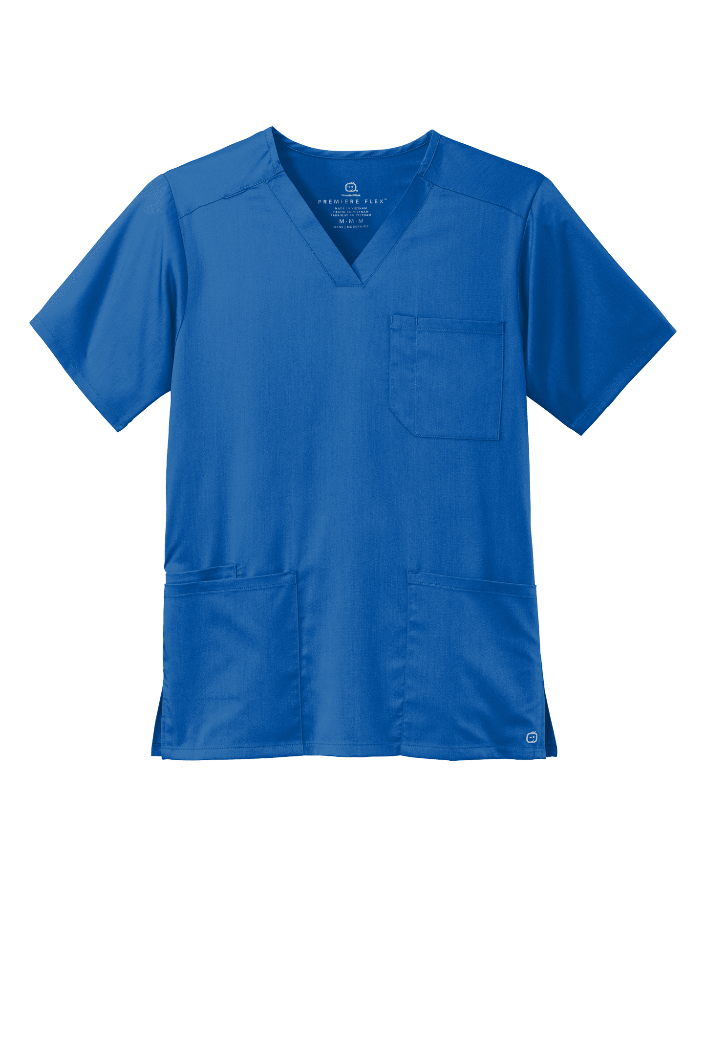 Front view of Wink Men's Premiere Flex V-Neck scrub top in blue, featuring a comfortable fit and professional medical style.