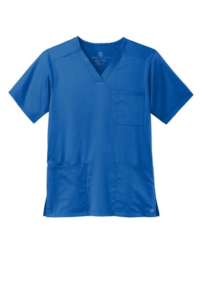 Front view of Wink Men's Premiere Flex V-Neck scrub top in blue, featuring a comfortable fit and professional medical style.
