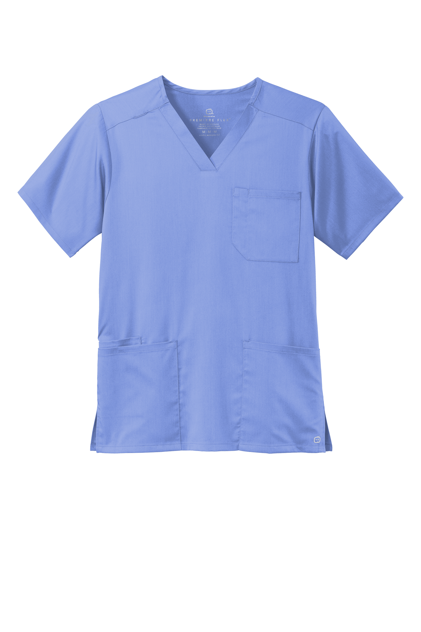 Men's Wink Premiere Flex V-Neck Scrub Top in light blue, front view showing comfortable fit and professional medical style.