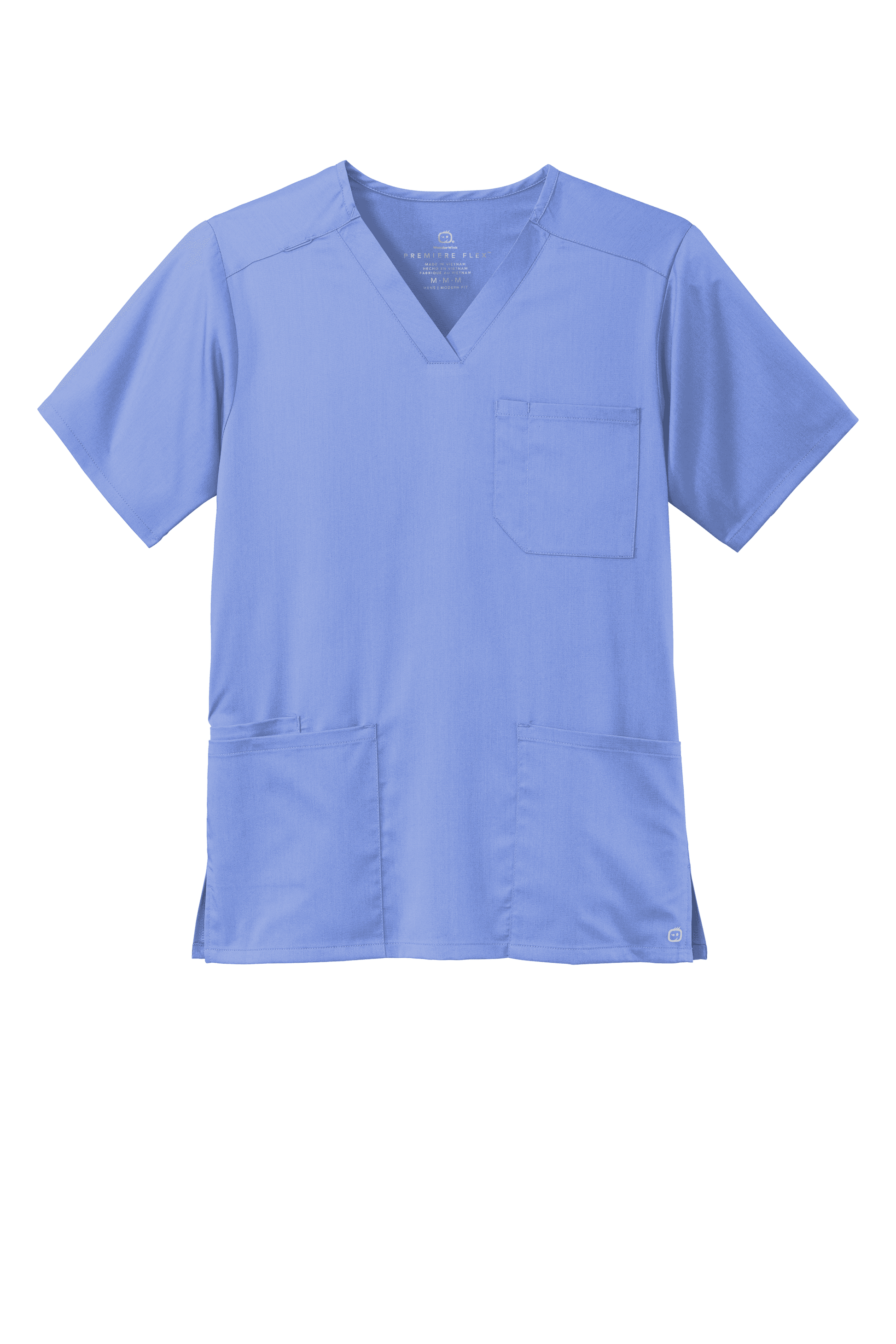 Men's Wink Premiere Flex V-Neck Scrub Top in light blue, front view showing comfortable fit and professional medical style.
