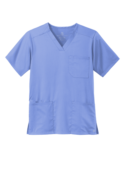 Men's Wink Premiere Flex V-Neck Scrub Top in light blue, front view showing comfortable fit and professional medical style.