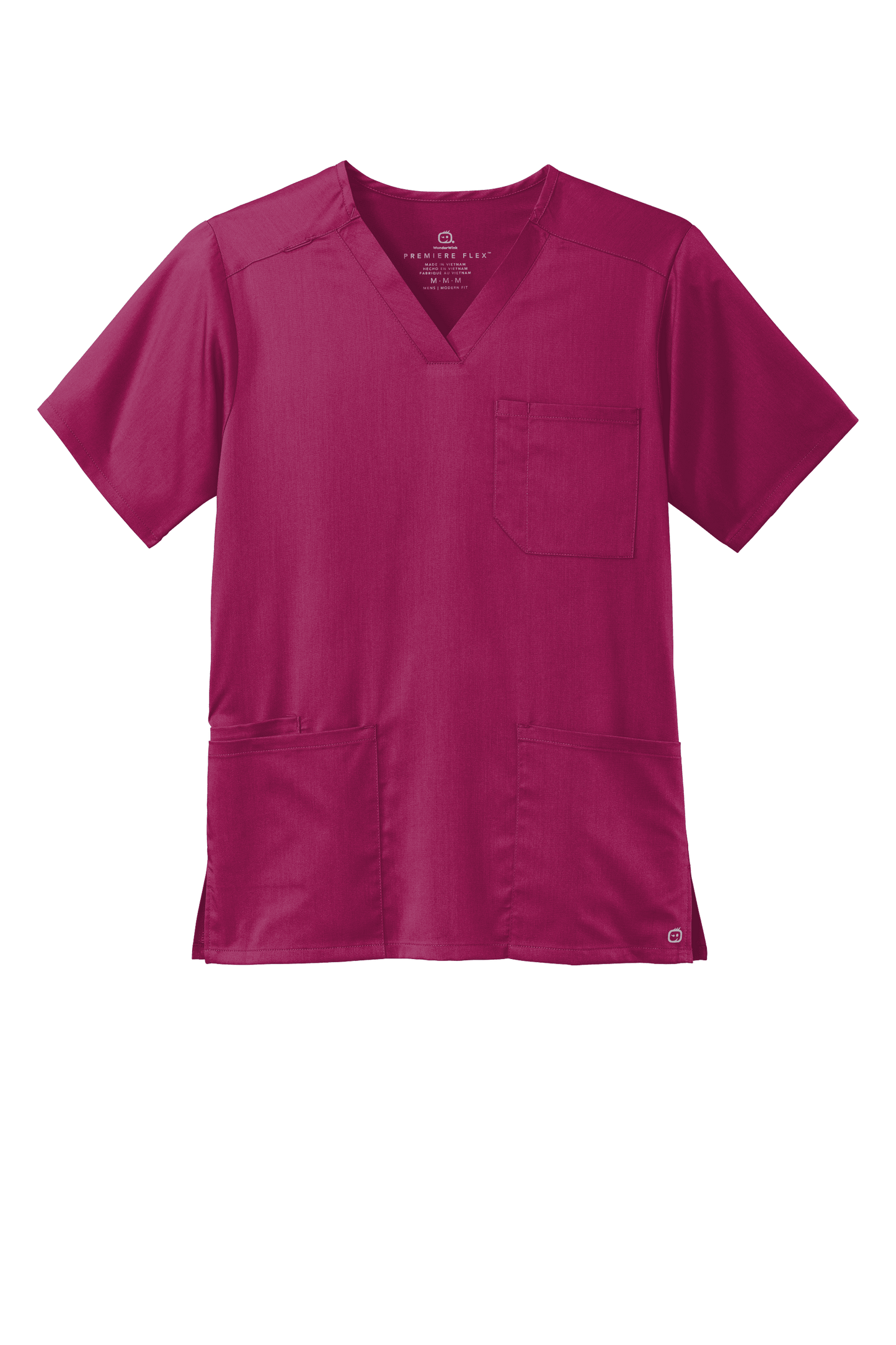 Front view of Wink Men's Premiere Flex V-Neck Scrub Top in wine with printed design, made for comfortable medical scrubs.